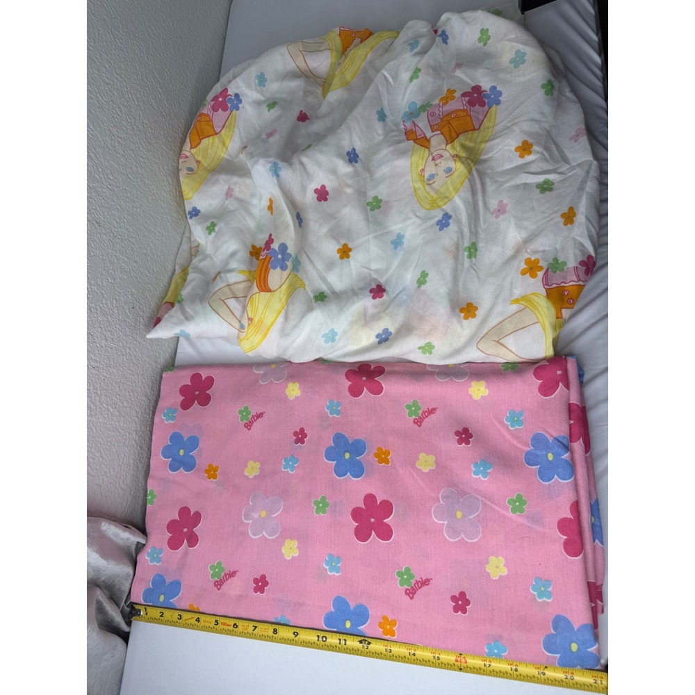 Vintage 1999 Barbie Bed Sheet Set Floral Character Print Pink White Mattel 90s